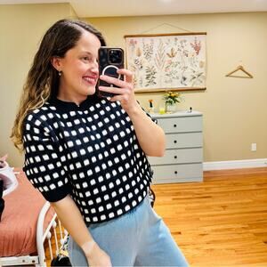 Ann Taylor Navy Blue White Checker Short Sleeve Knit Sweater Top Large